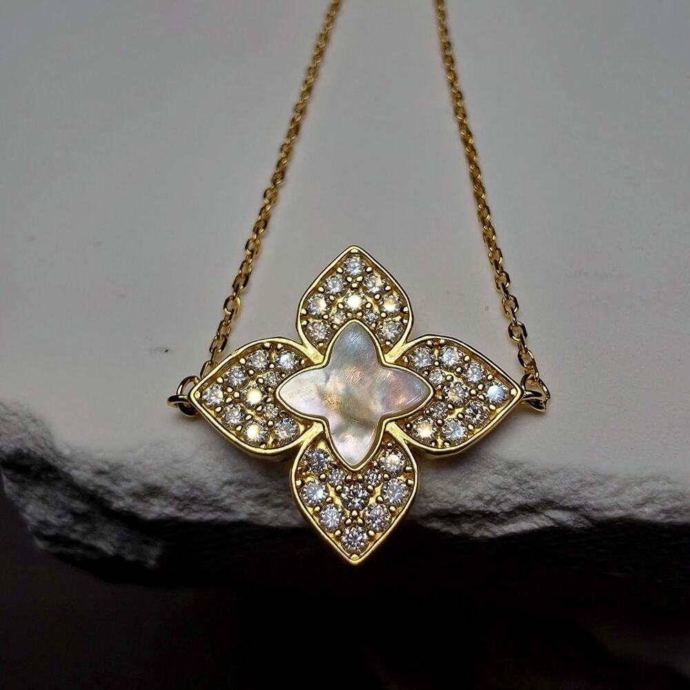 1.08 CTW Moissanite & Mother of Pearl Floral Bracelet in Gold Over Silver
